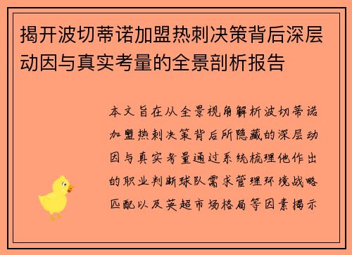 揭开波切蒂诺加盟热刺决策背后深层动因与真实考量的全景剖析报告