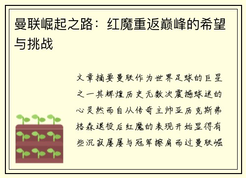 曼联崛起之路:红魔重返巅峰的希望与挑战 曼联崛起之路:红魔重返巅峰的希望与挑战