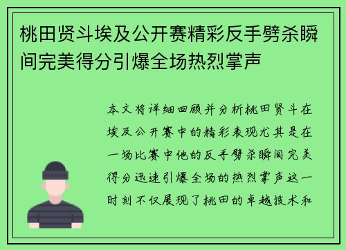 桃田贤斗埃及公开赛精彩反手劈杀瞬间完美得分引爆全场热烈掌声