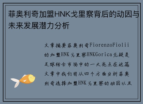 菲奥利奇加盟HNK戈里察背后的动因与未来发展潜力分析